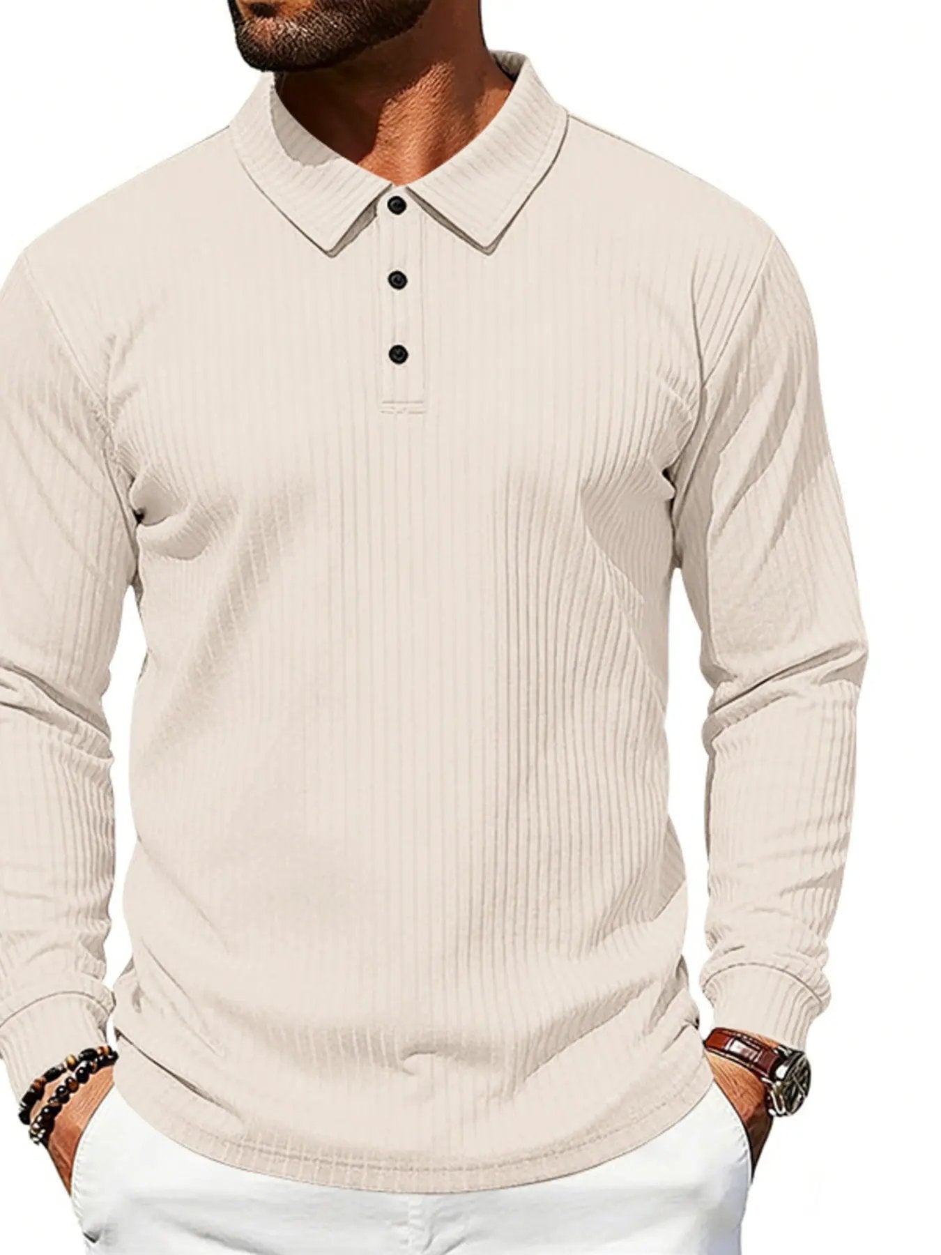 Men's Full Size Ribbed Long Sleeve Polo with Button Detail Plus Size by Trendsi