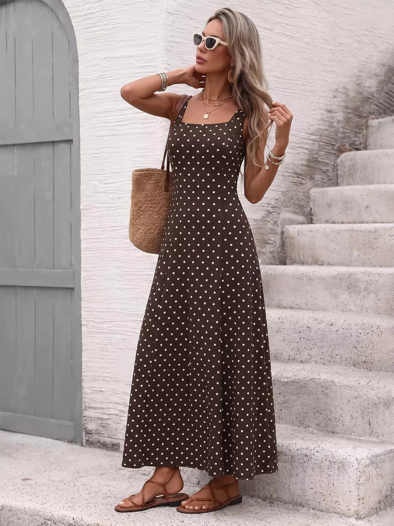 Polka Dot Sleeveless Maxi Dress by Trendsi