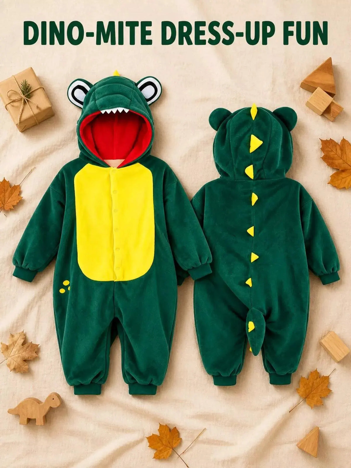 Children's Dinosaur Hooded Fleece One-Piece Jumpsuit by Trendsi