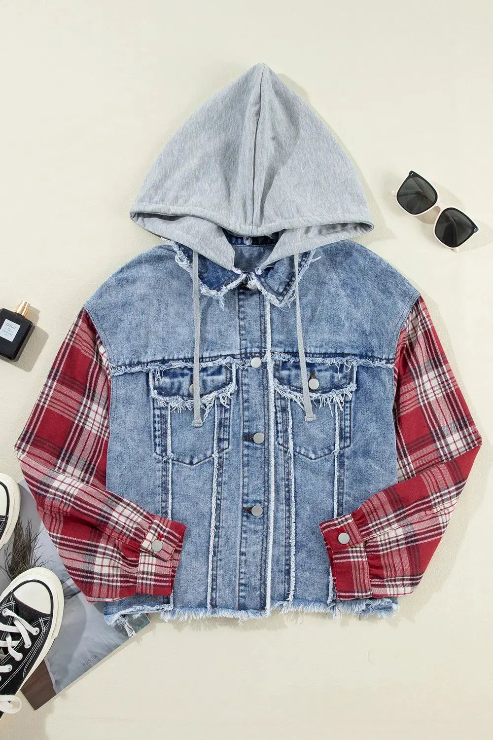 Raw Hem Drawstring Plaid Denim Jacket by Partner Label