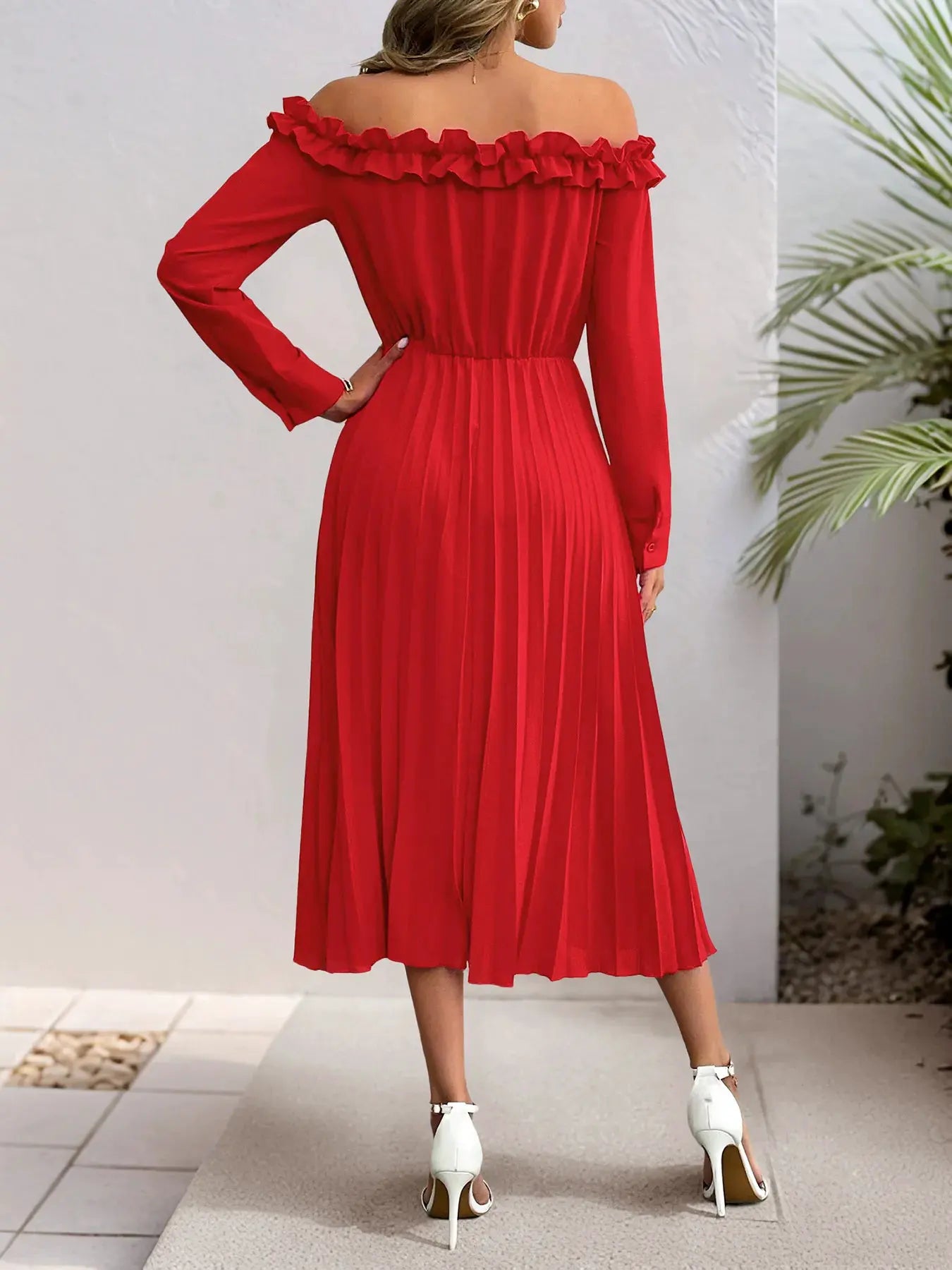Off-Shoulder Ruffle Pleated Midi Dress by Partner Label