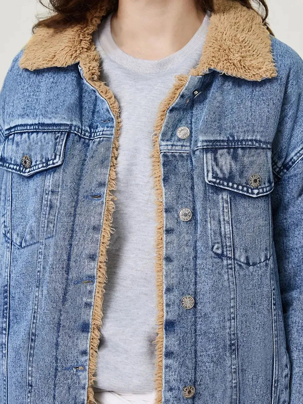Button Up Collared Neck Plush Denim Jacket by Partner Label