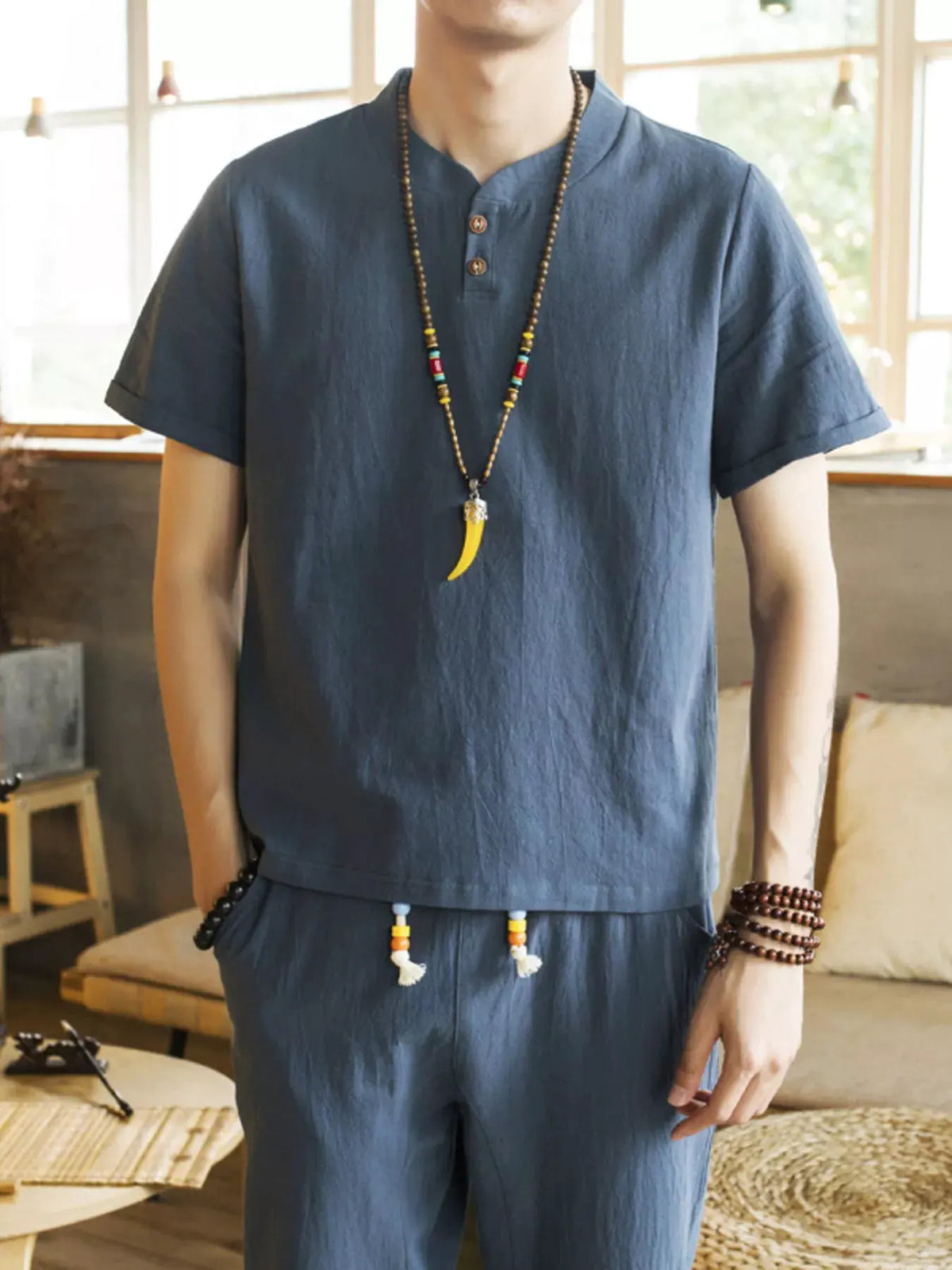 Men's Plus Size Button Detail Short Sleeve Top and Pants Set by Trendsi