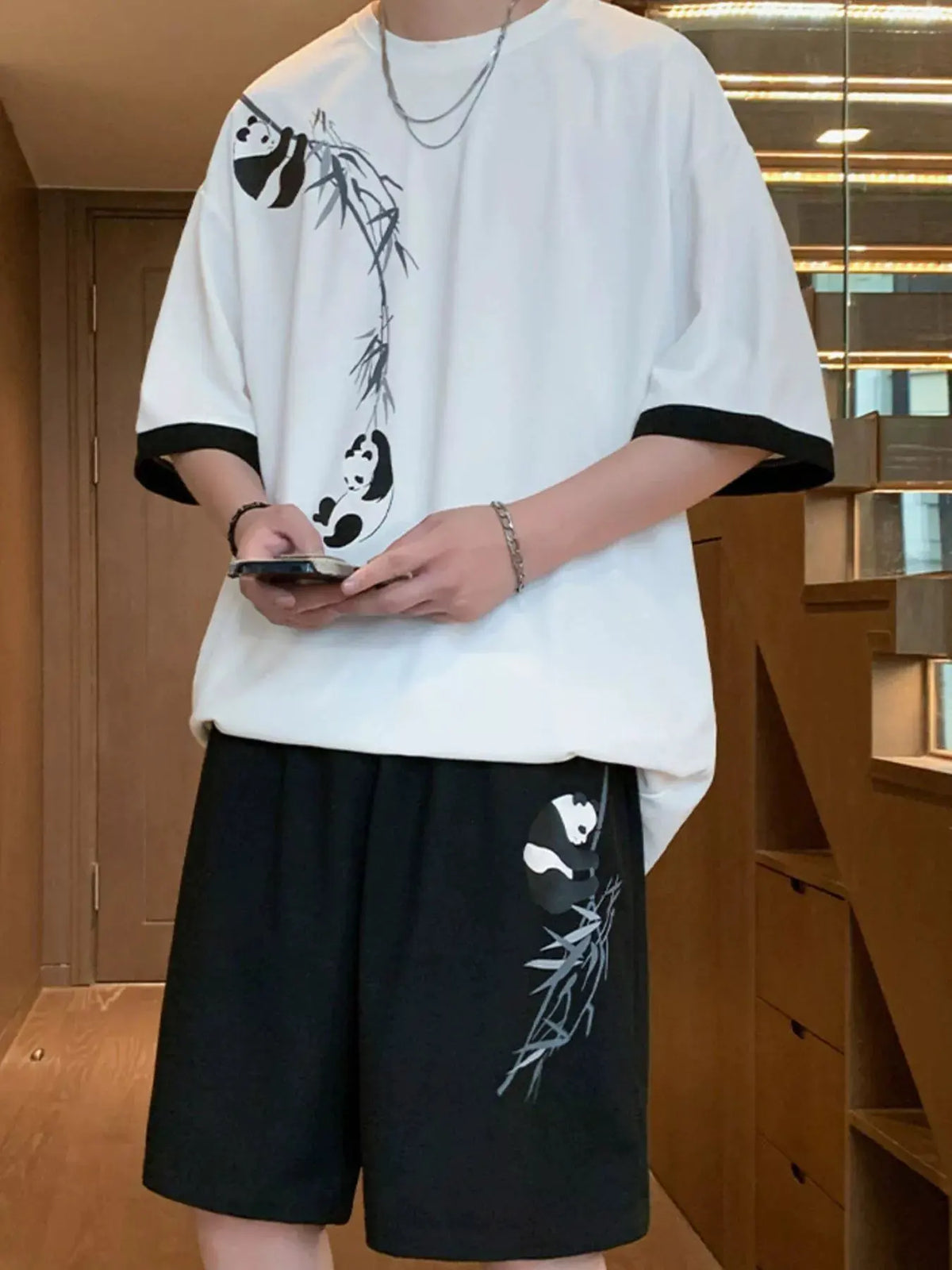Men's Full Size Panda Bamboo Print Tee and Shorts Set Plus Size by Trendsi