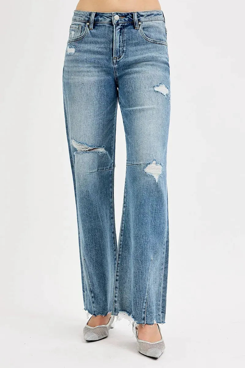 RISEN Full Size Mid Rise Fit Wide Baggy Leg Tie Washed Jeans Plus Size by RISEN