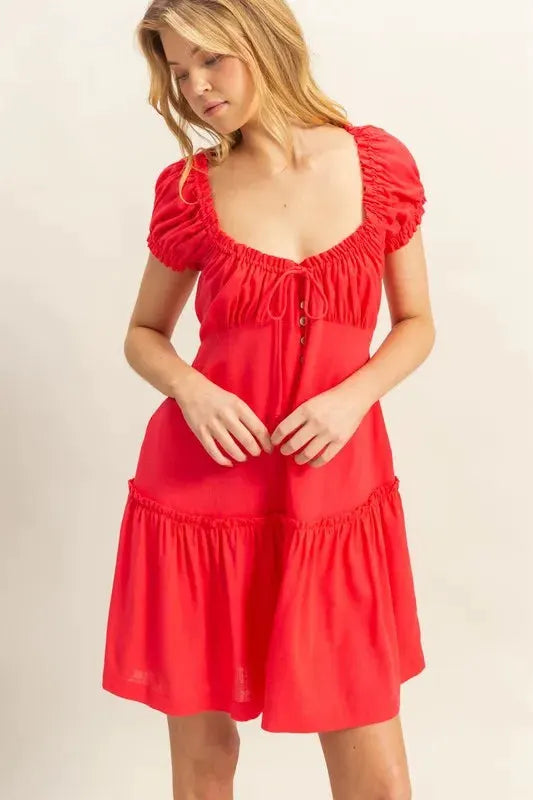 HYFVE Ruched Frill Tiered Short Sleeve Mini Dress by HYFVE