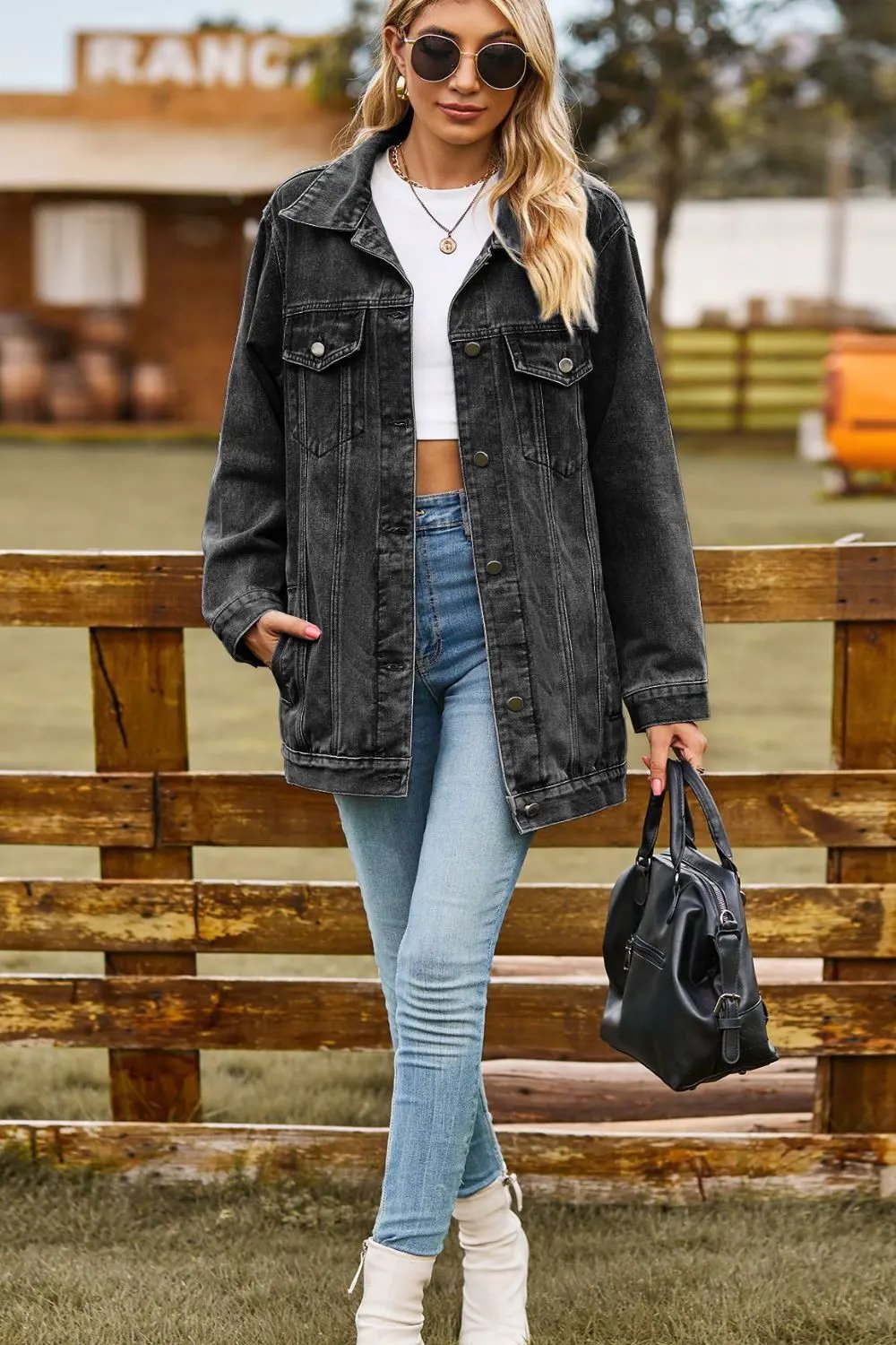 Buttoned Collared Neck Denim Jacket with Pockets by Partner Label