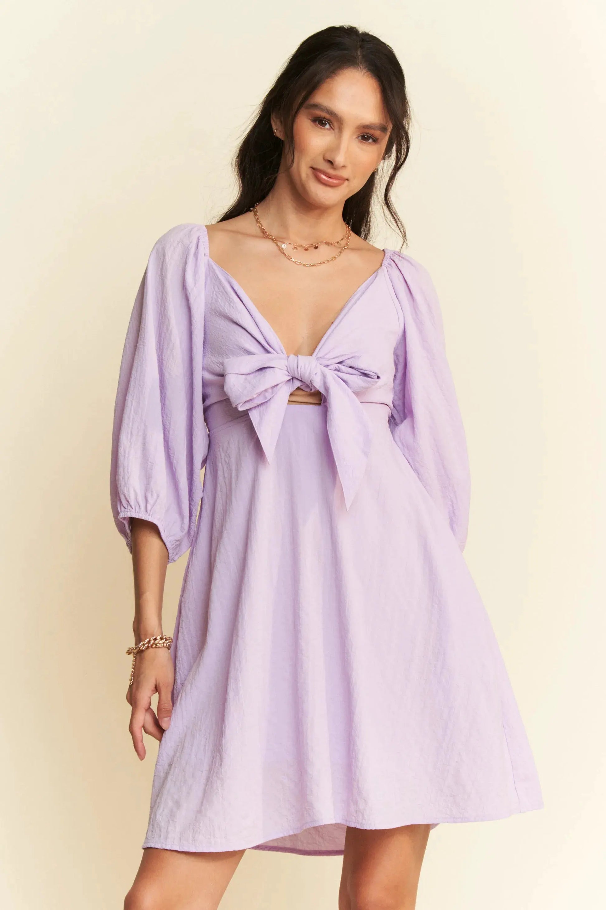 Davi & Dani Self-Tie Puff Sleeve Smocking Open Back Mini Dress by Davi & Dani