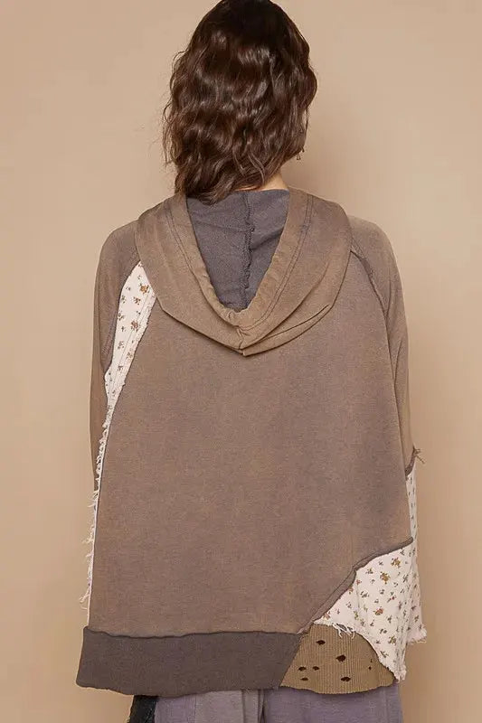 POL Floral Patchwork Distressed Drawstring Hoodie by POL