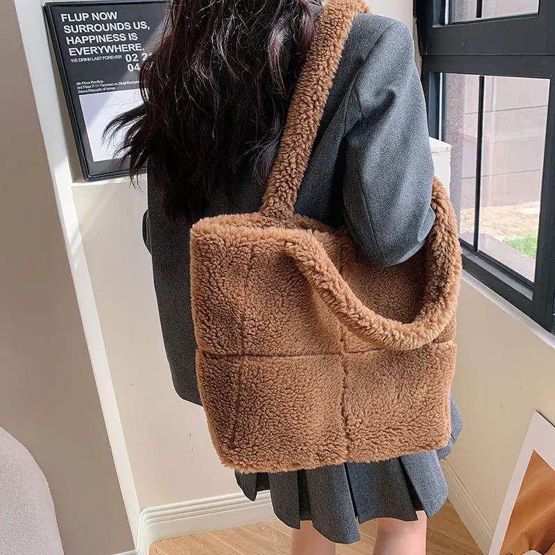 Women's Designer Luxury Plush Bag Winter Fashion Cute Tote Handbags Large Capacity Portable Single Shoulder Furry Bags by Maiden-Art