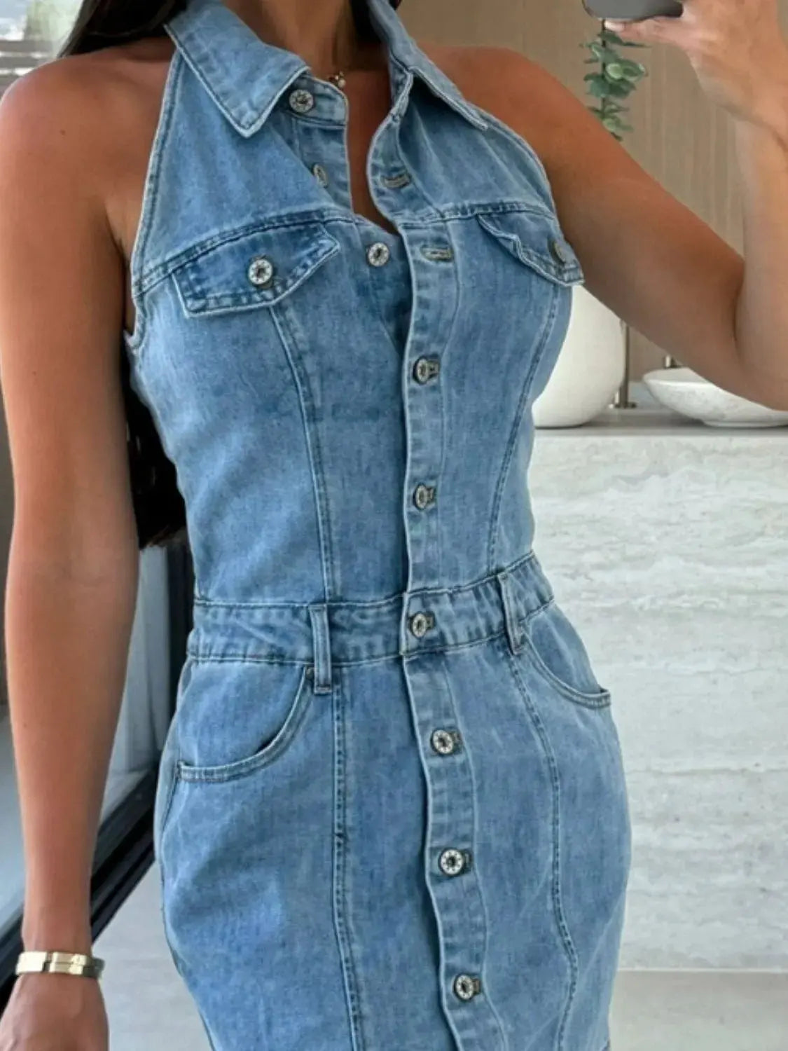 Button Front Sleeveless Denim Mini Dress by Partner Label