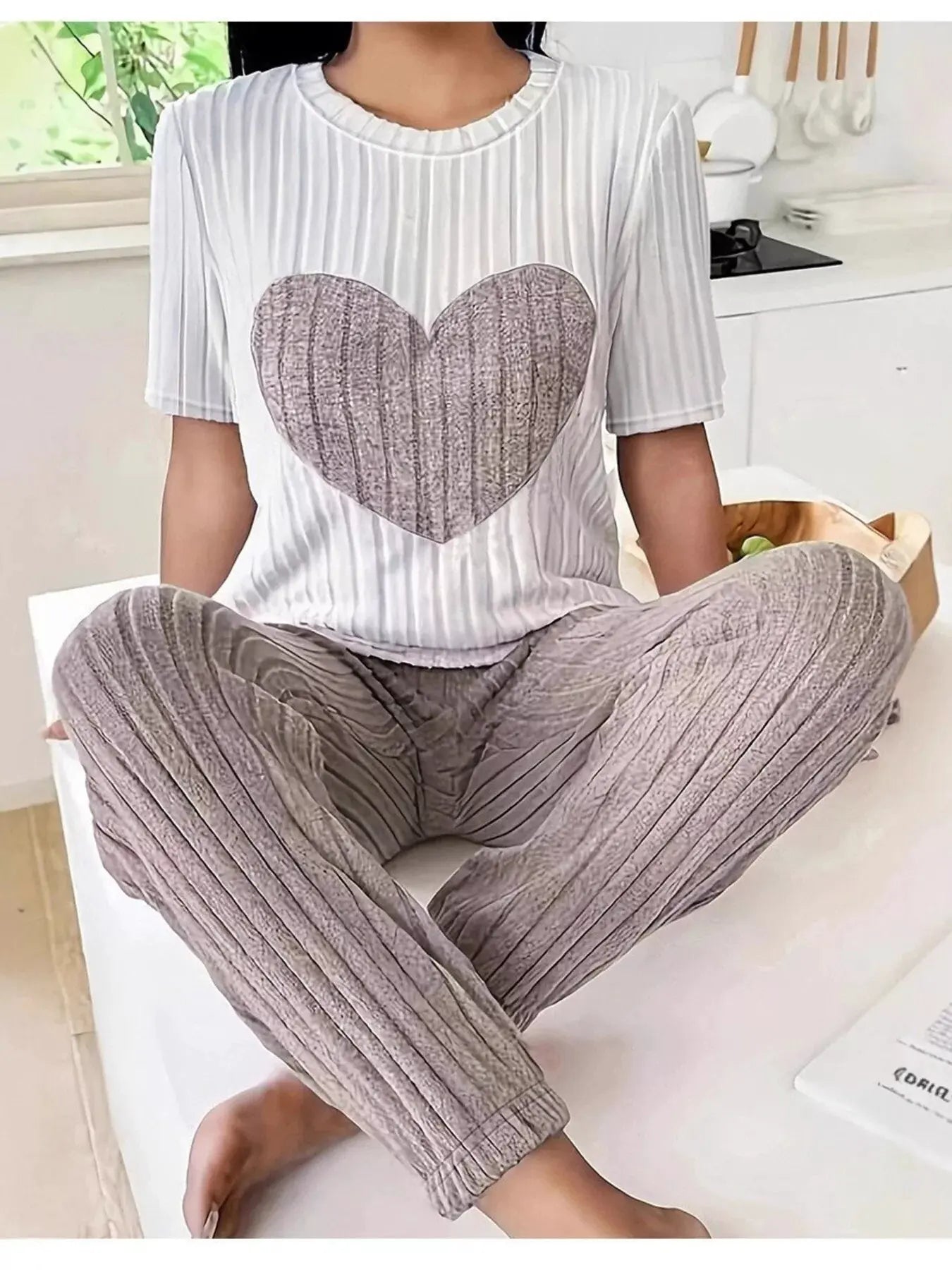 Heart Ribbed Knit Top and Pants Lounge Set by Partner Label