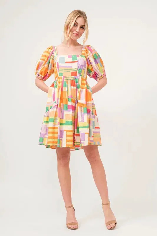 And The Why Square Neck Puff Sleeve Geo Printed Mini Dress by And The Why