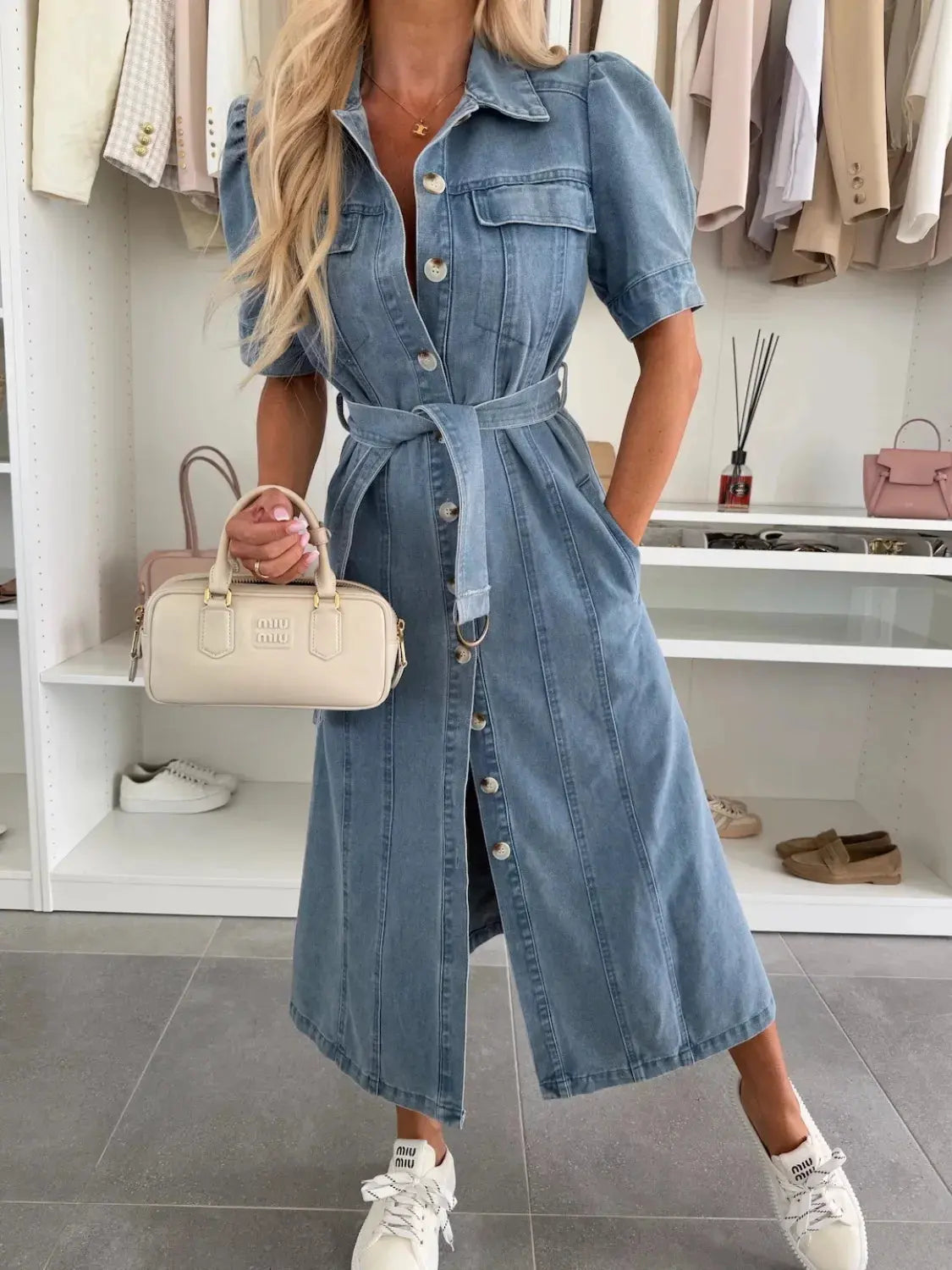 Puff Sleeve Button Down Belted Denim Midi Dress by Partner Label