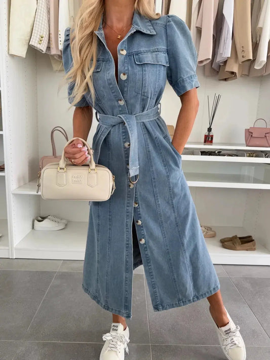 Puff Sleeve Button Down Belted Denim Midi Dress by Partner Label