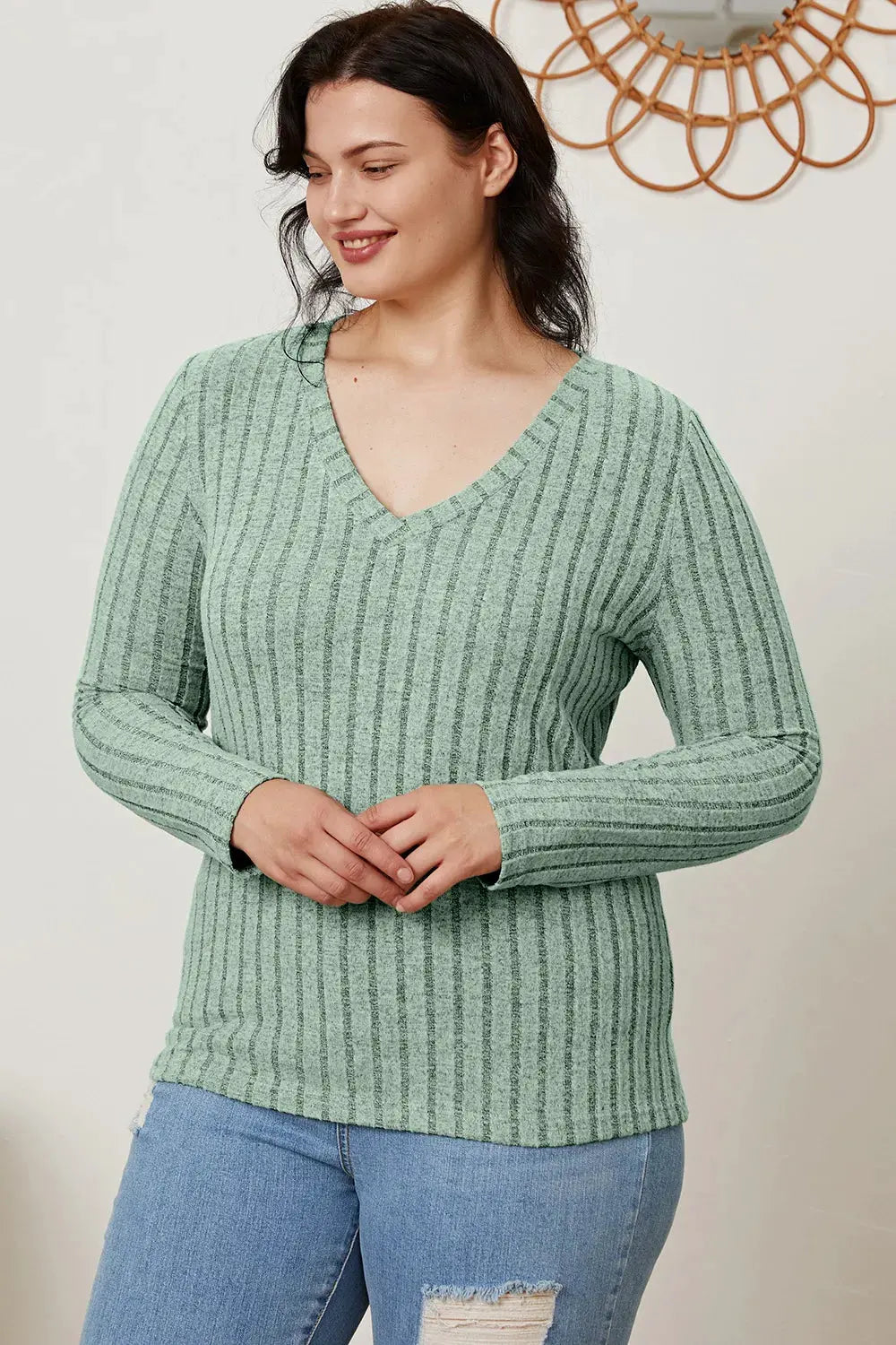 Full Size Ribbed V‑Neck Long Sleeve T‑Shirt | Partner Labels Selection by Partner Label