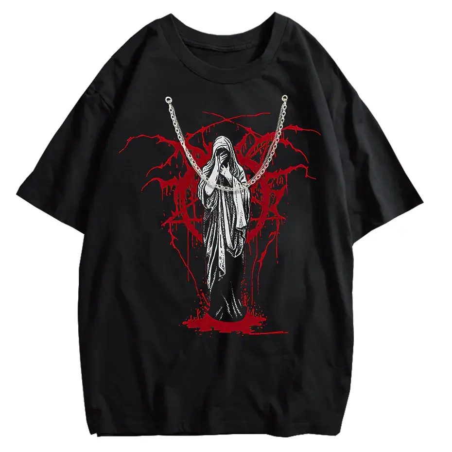 Men's Y2K Punk Harajuku Dark Goth Vintage T-Shirt Loose Fit Cotton Short Sleeve by Vimost Shop