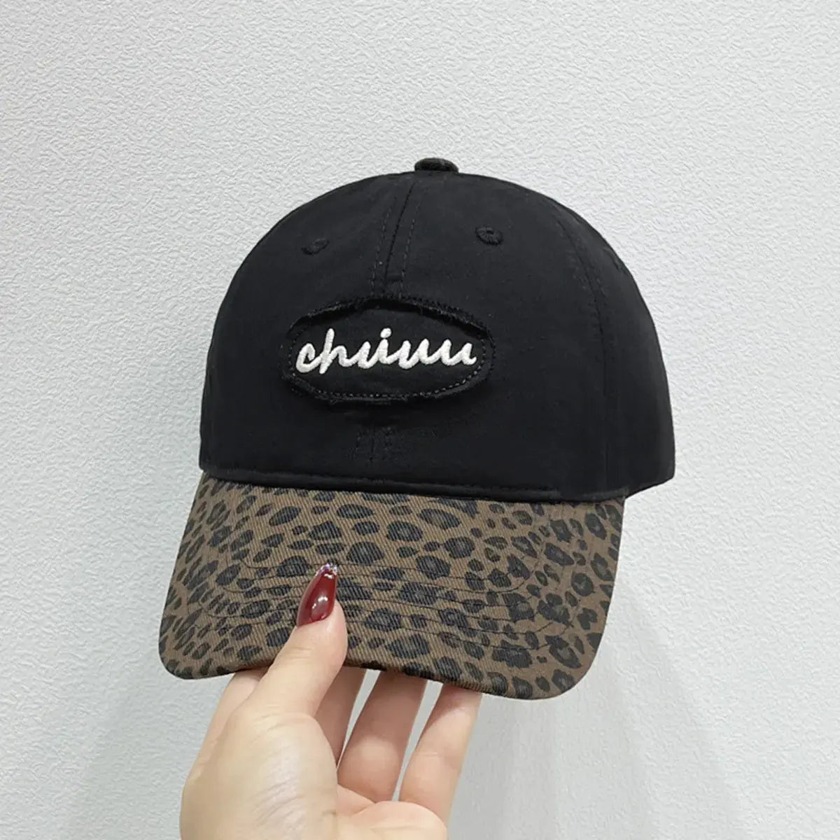 Leopard Print Baseball Cap with Embroidered Letter by Partner Label