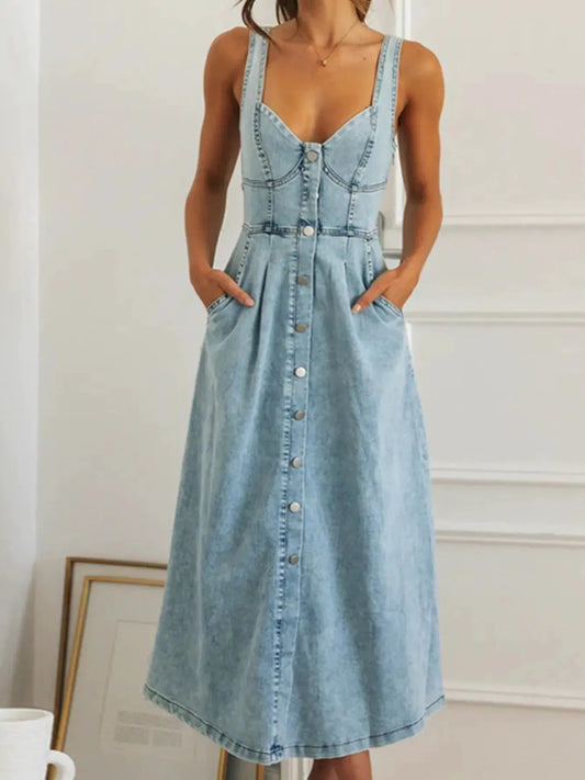 Sweetheart Neck Button-Front Midi Denim Dress by Partner Label