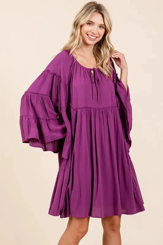 Mittoshop Frill Tie Neck Bell Sleeve Dress by Mittoshop