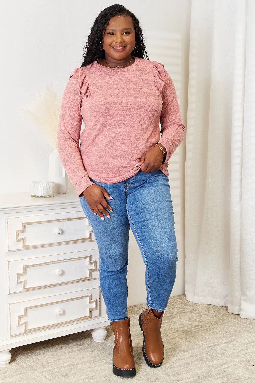 Double Take Ruffle Shoulder Long Sleeve T-Shirt by Double Take