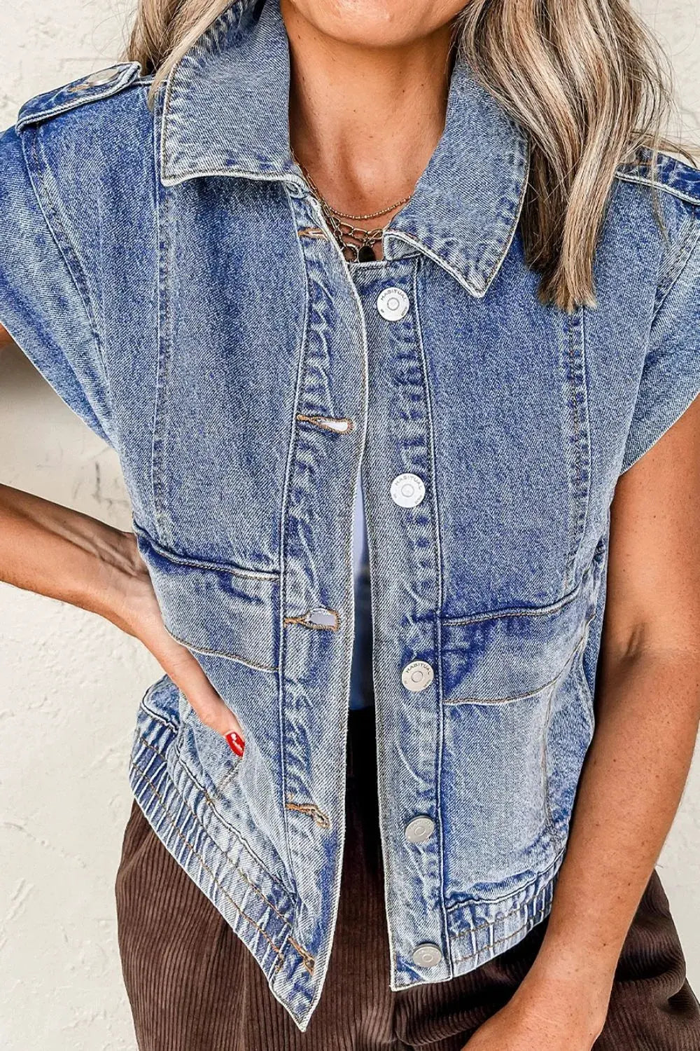 Button Up Cap Sleeve Denim Jacket by Partner Label
