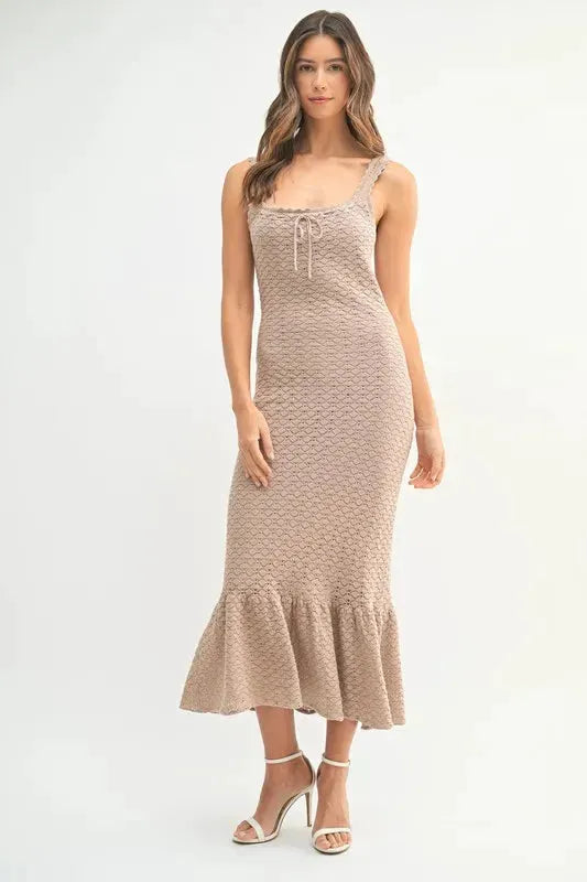 Ruffled Hem Sleeveless Crochet Knit Midi Dress | by MABLE | Partner Labels Selection by MABLE