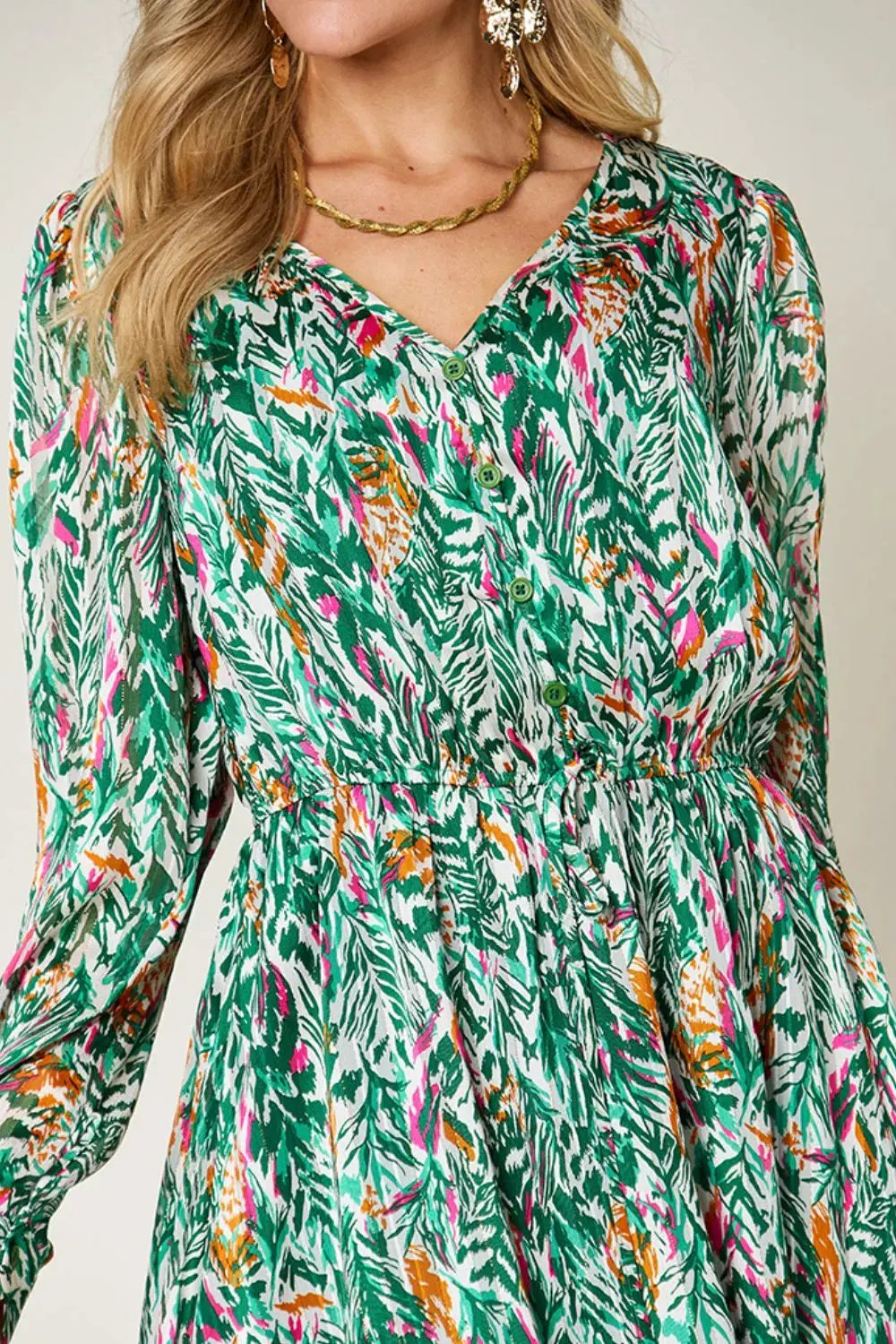 Double Take Full Size Printed Drawstring Waist Long Sleeve Dress by Double Take