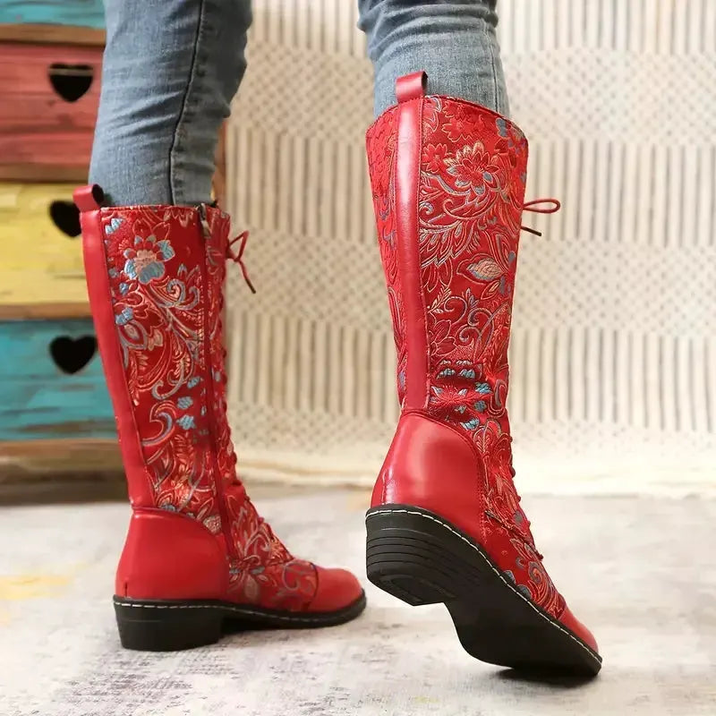Embroidered Lace-Up Knee High Boots by Partner Label