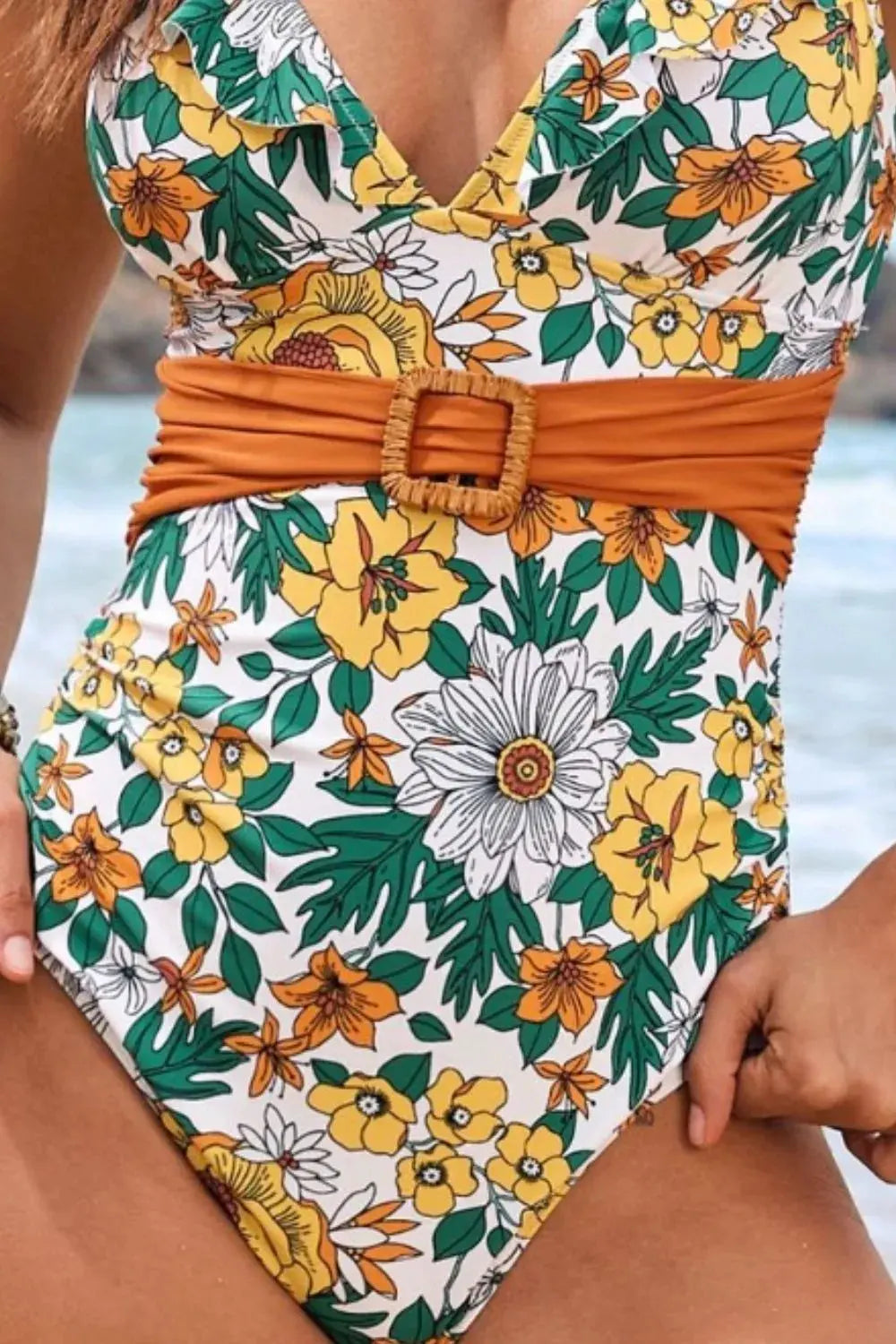 Ruffled Plunge Floral One-Piece Swimwear by Partner Label