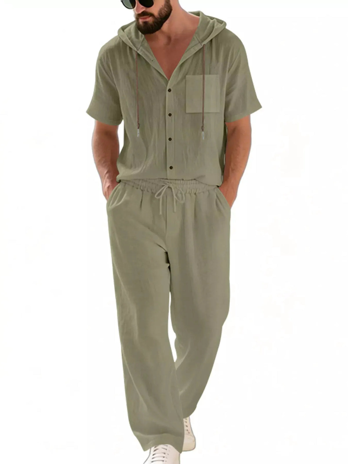 Men's Full Size Casual Hooded Short Sleeve Shirt and Pants Two-Piece Set Plus Size by Trendsi
