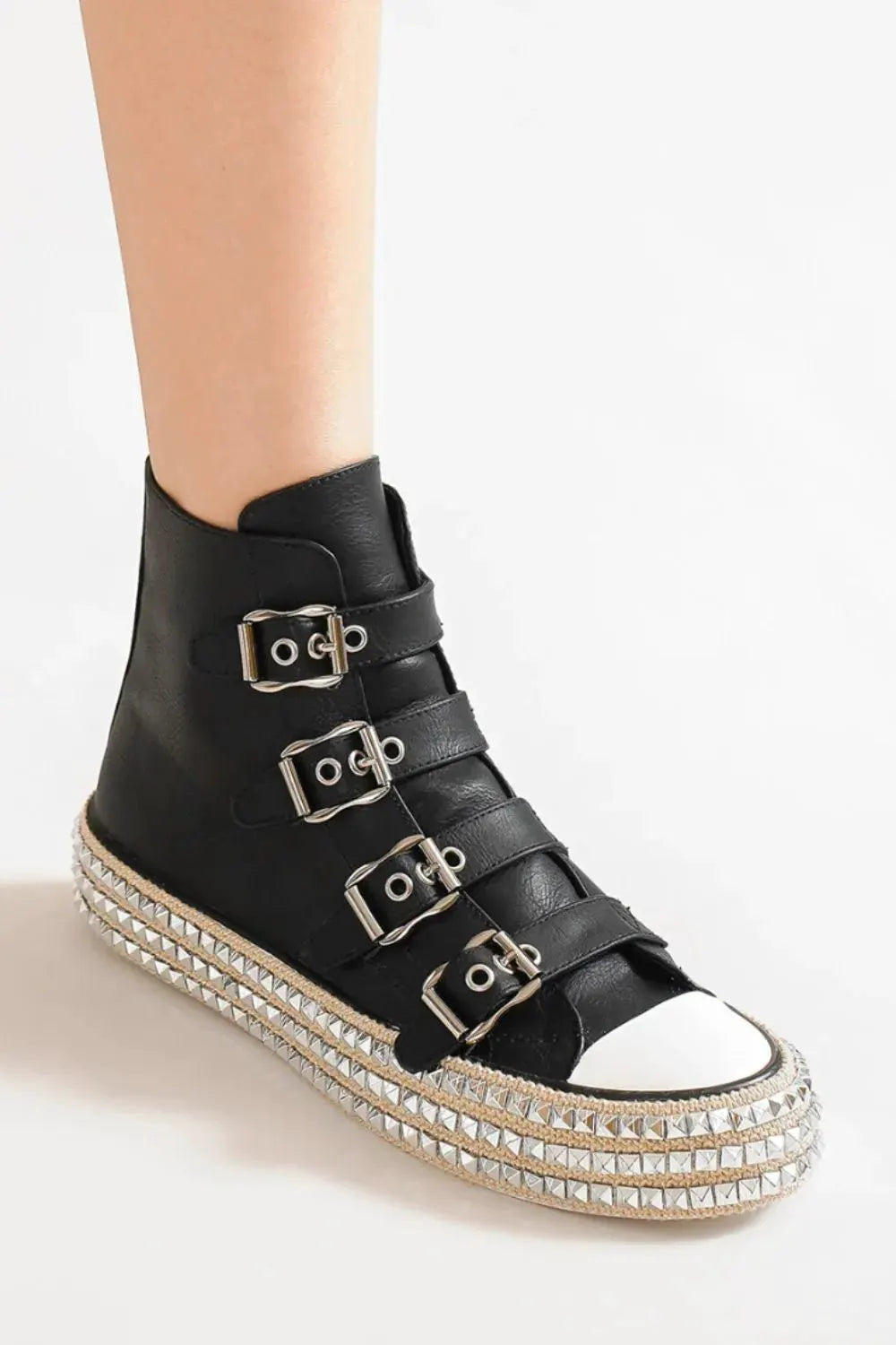 Beast Fashion Multi-Buckle Straps Studded Platform Sneakers by Beast Fashion