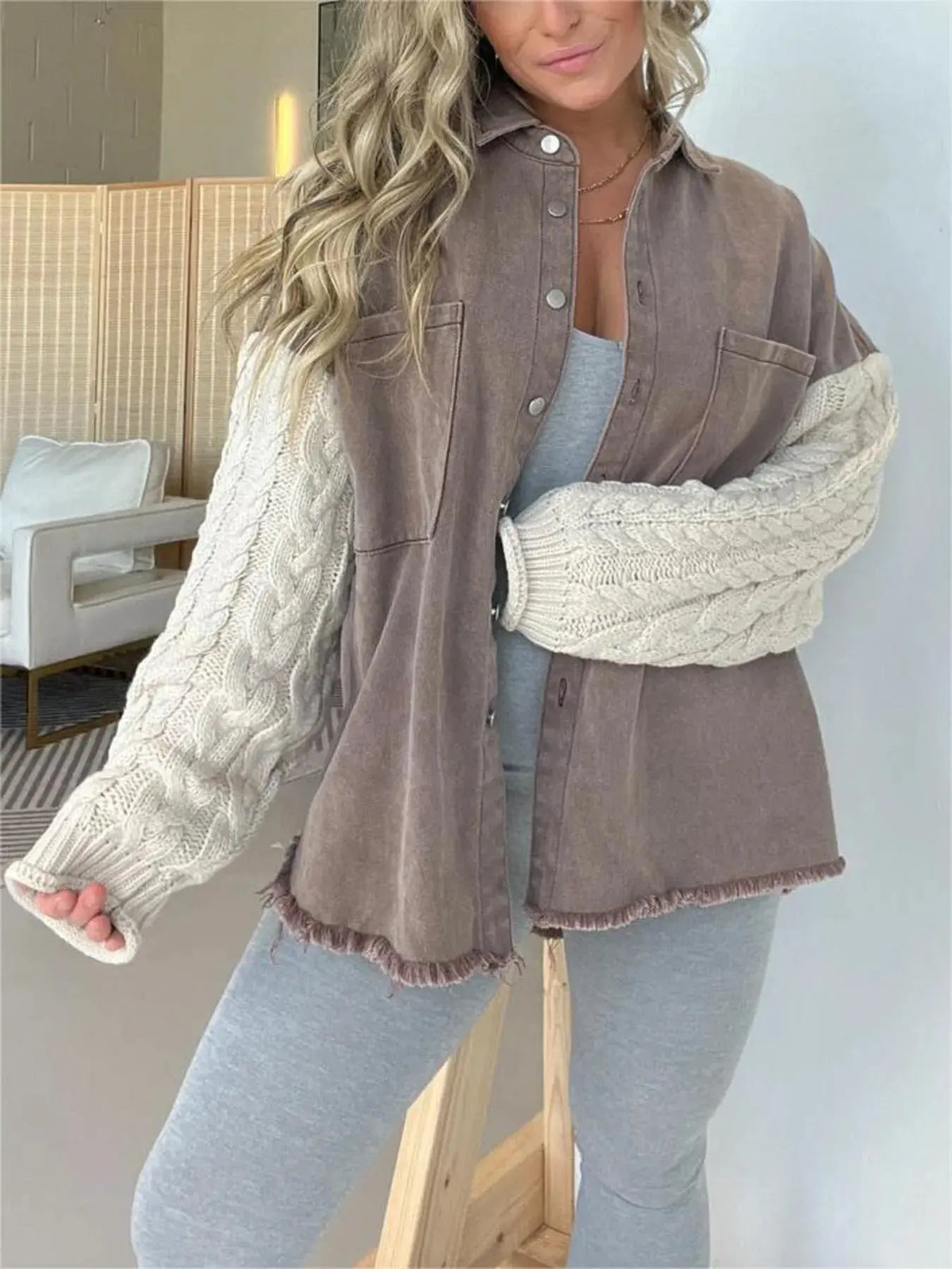 Full Size Raw Hem Button Up Patchwork Denim Jacket Plus Size by Partner Label