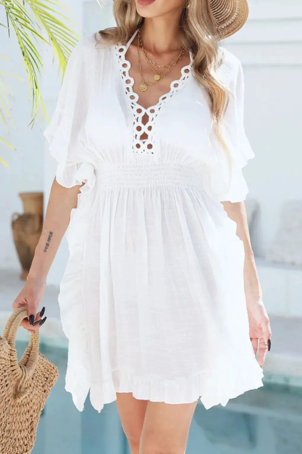 Ruffled Smocked Waist V-Neck Cover-Up by Partner Labels