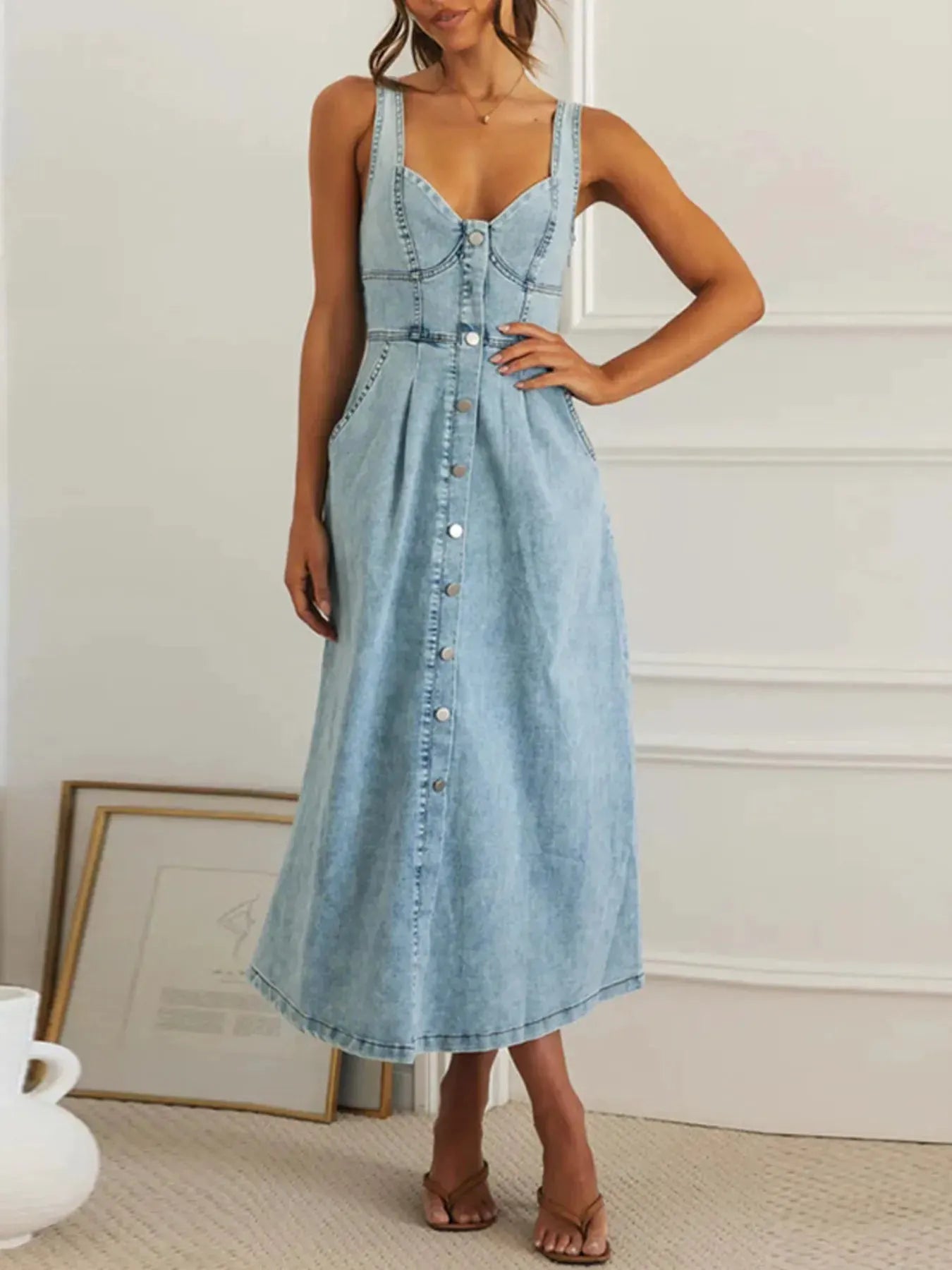 Sweetheart Neck Button-Front Midi Denim Dress by Partner Label
