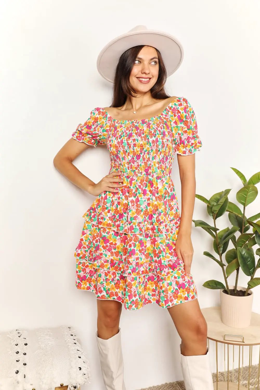 Devine Smocked Sweetheart Neck Flounce Sleeve Mini Dress by Double Take