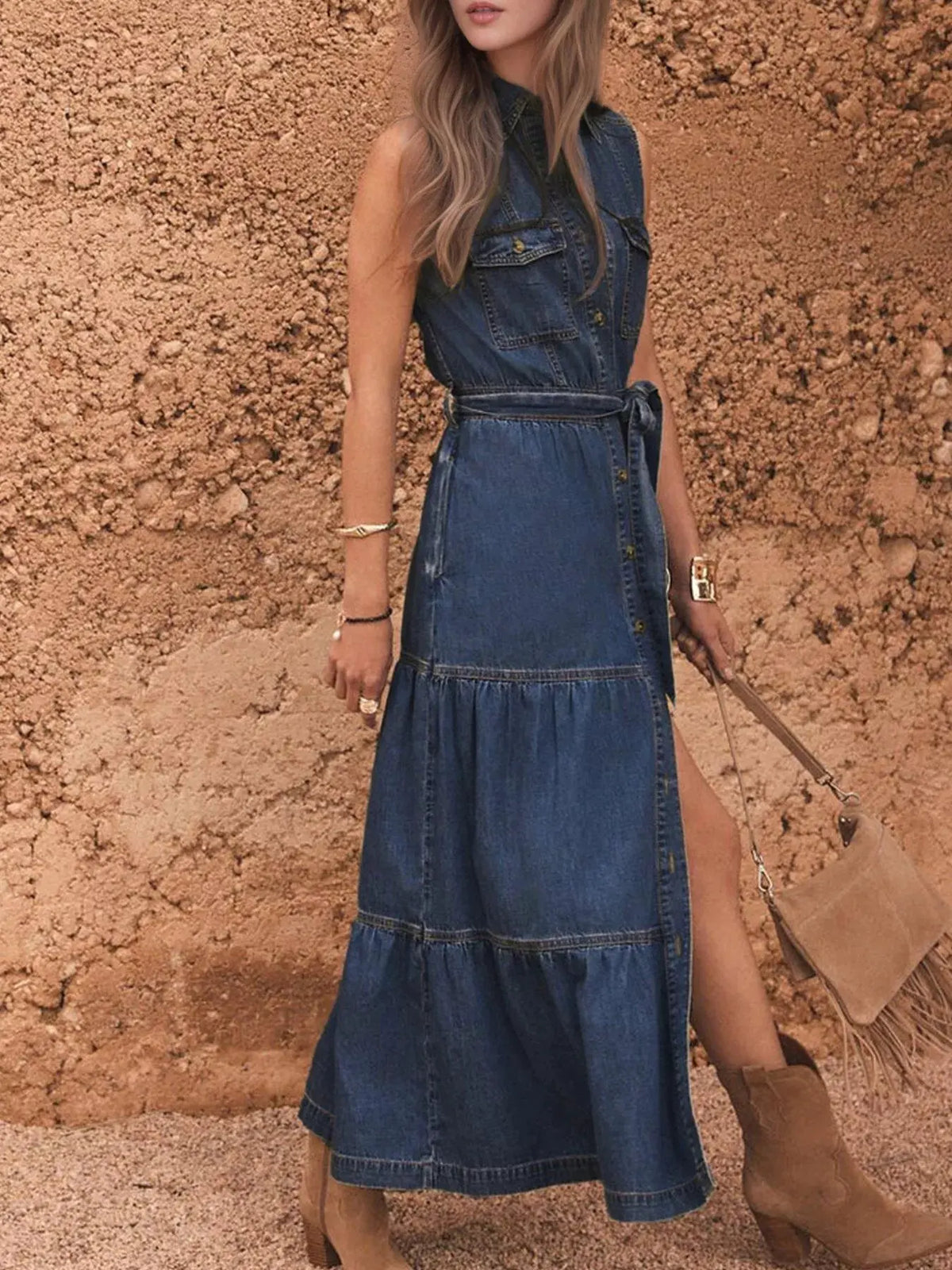 Button Front Sleeveless Denim Dress by Partner Label