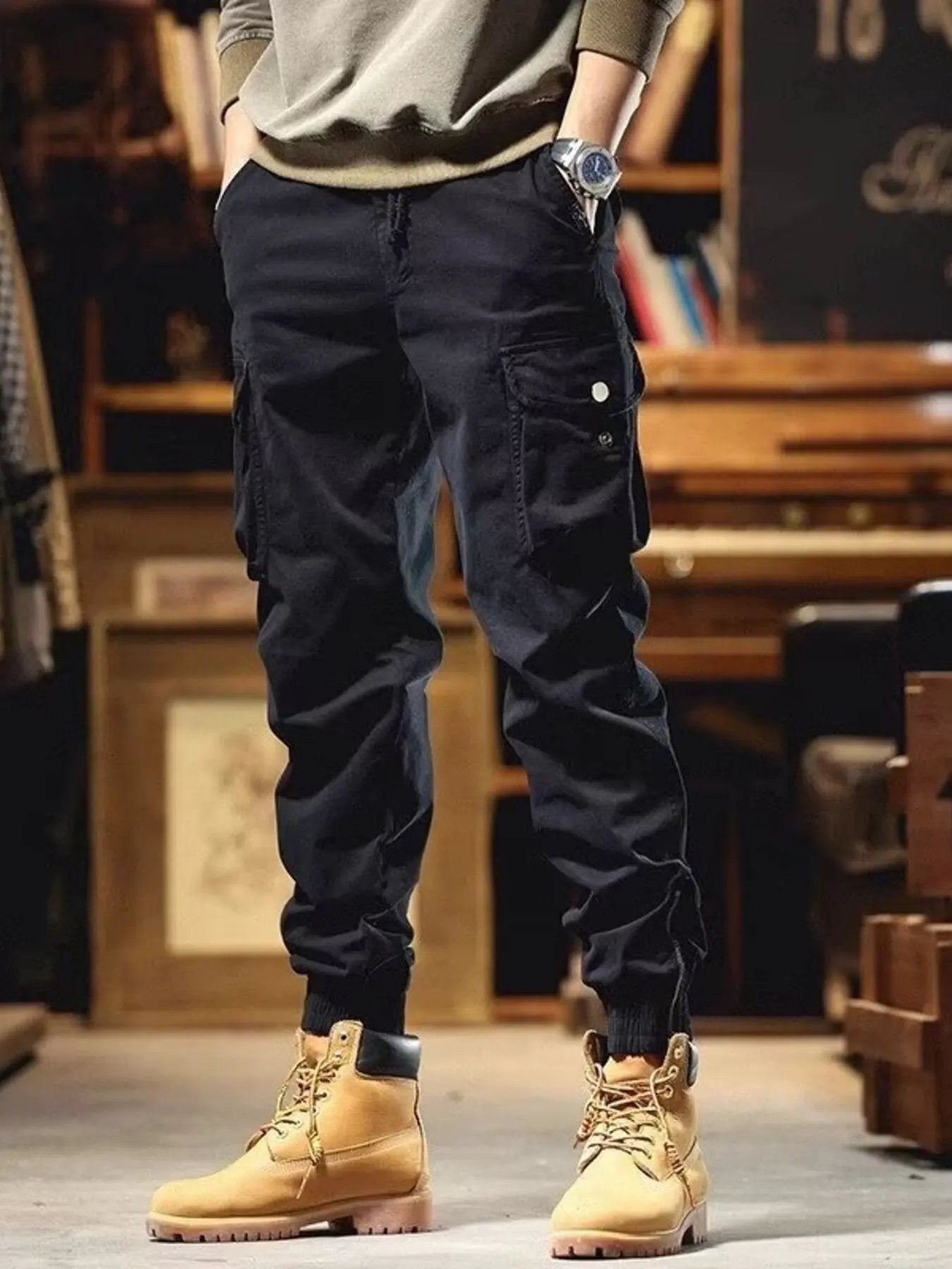 Men's Plus Size Casual Cargo Pants with Elastic Cuff by Partner Label