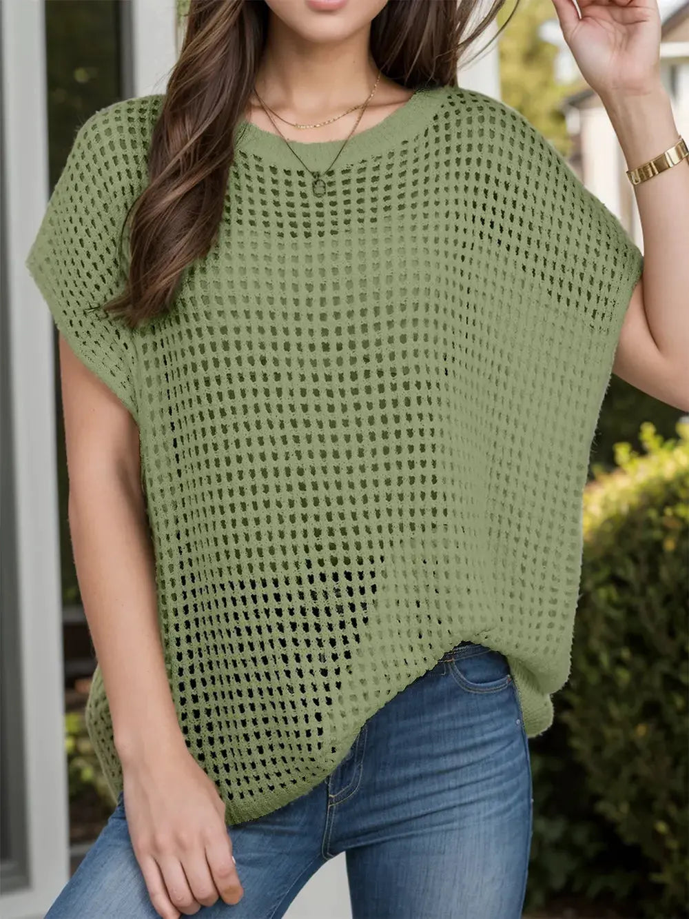 Openwork Round Neck Short Sleeve Cover-Up by Partner Labels