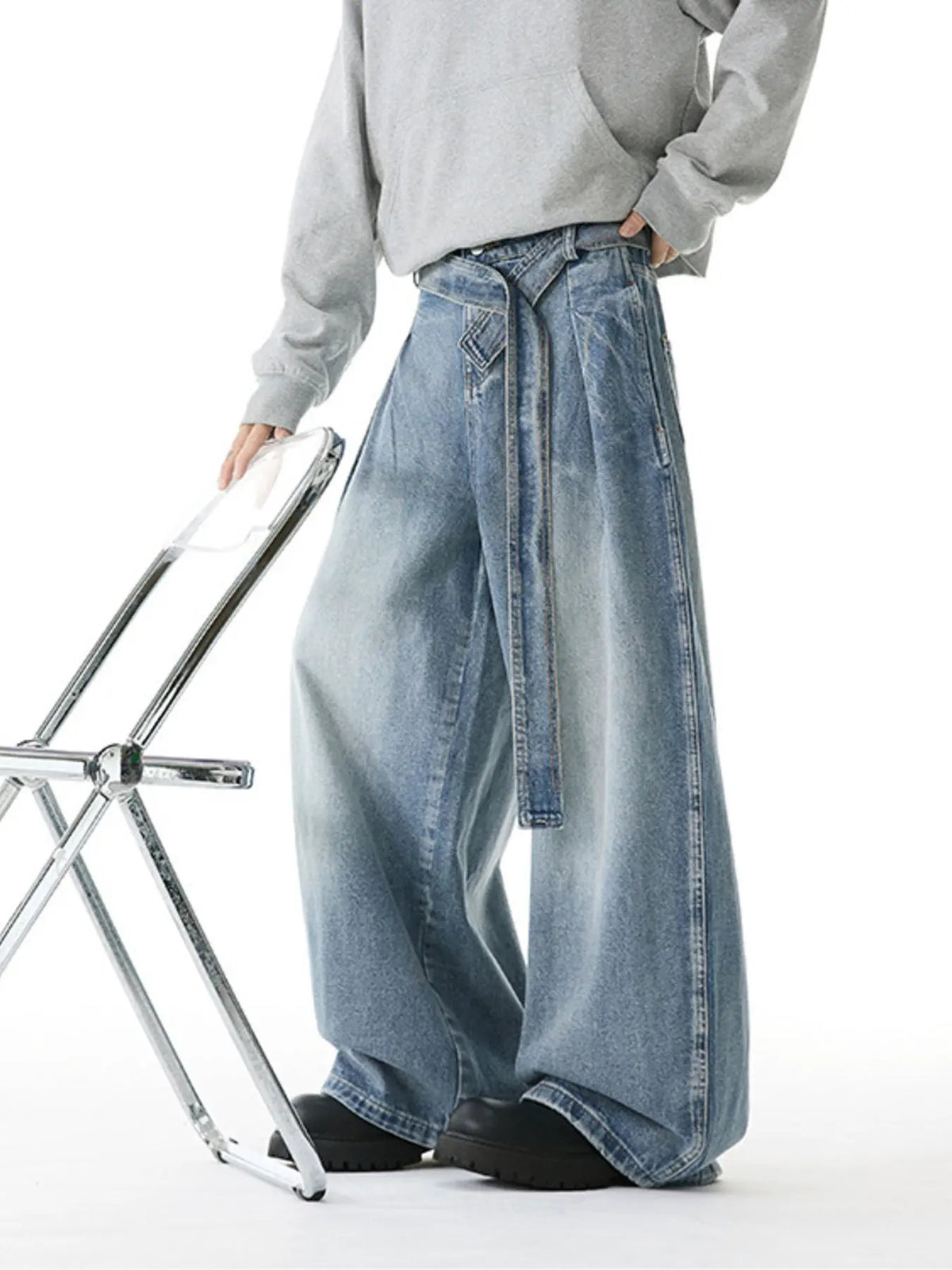 Men's Full Size Wash Belted Wide Leg Jeans Plus Size by Partner Label