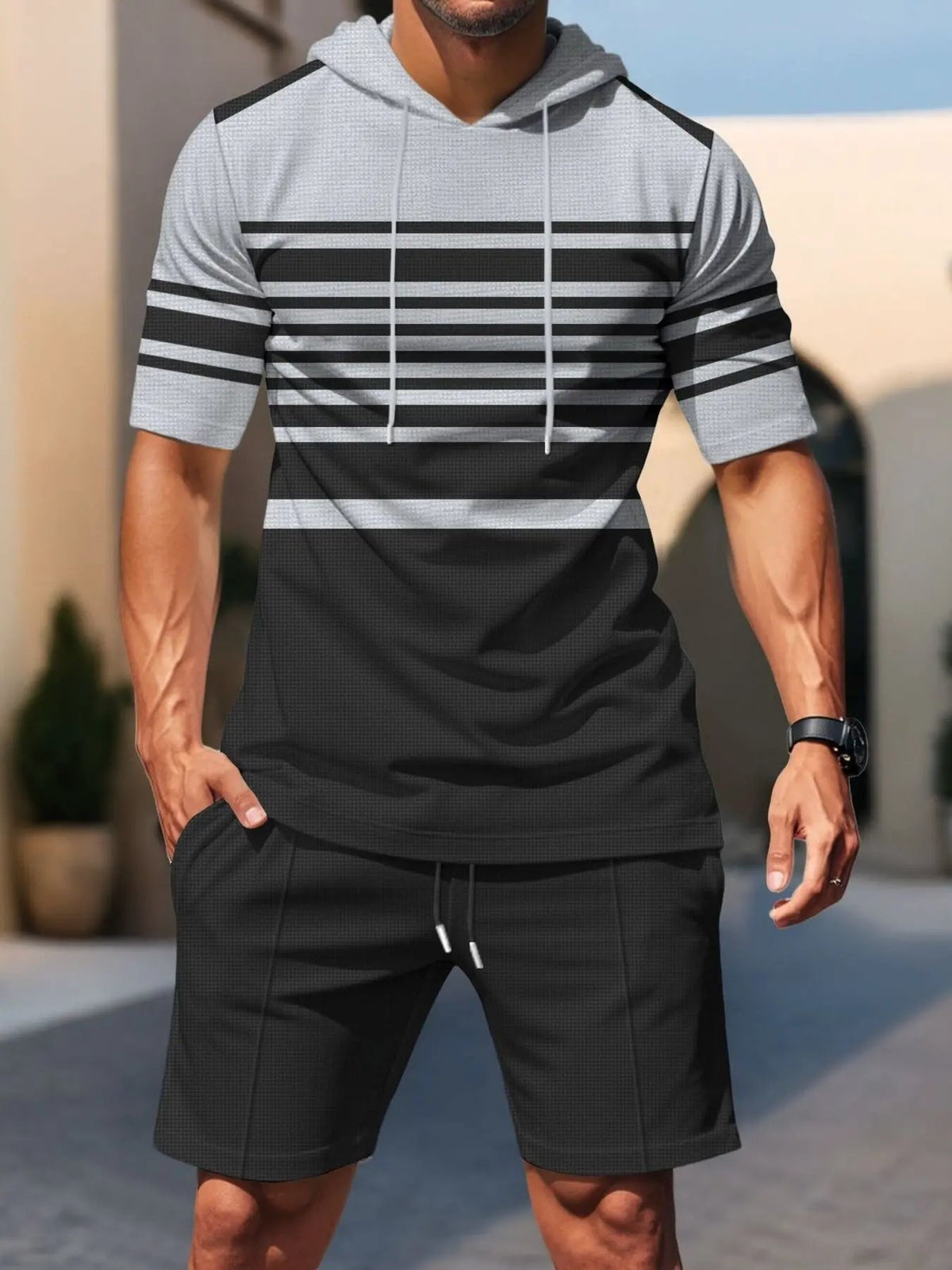 Men's Full Size Striped Short Sleeve Hoodie and Shorts Set Plus Size by Trendsi