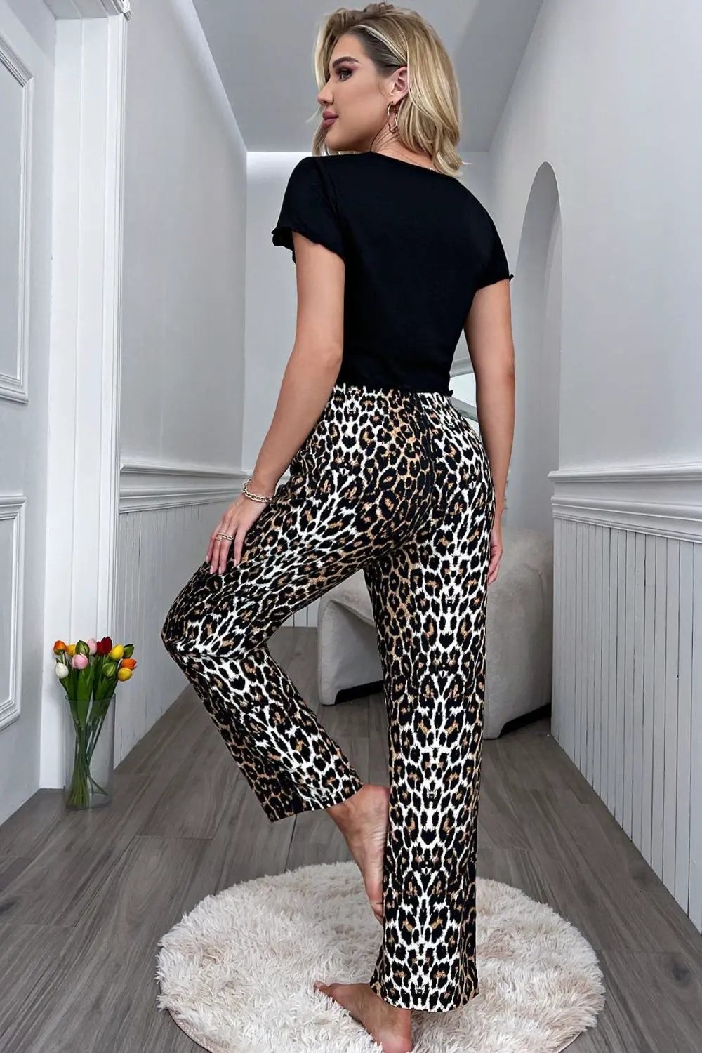 Lettuce Trim Cropped T-Shirt and Leopard Pants Lounge Set by Partner Label