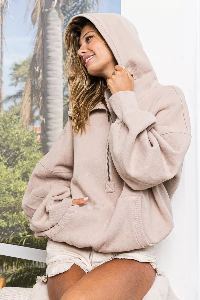 BiBi Stitch Detailed Elastic Hem Half Zip Fleece Hoodie by BiBi