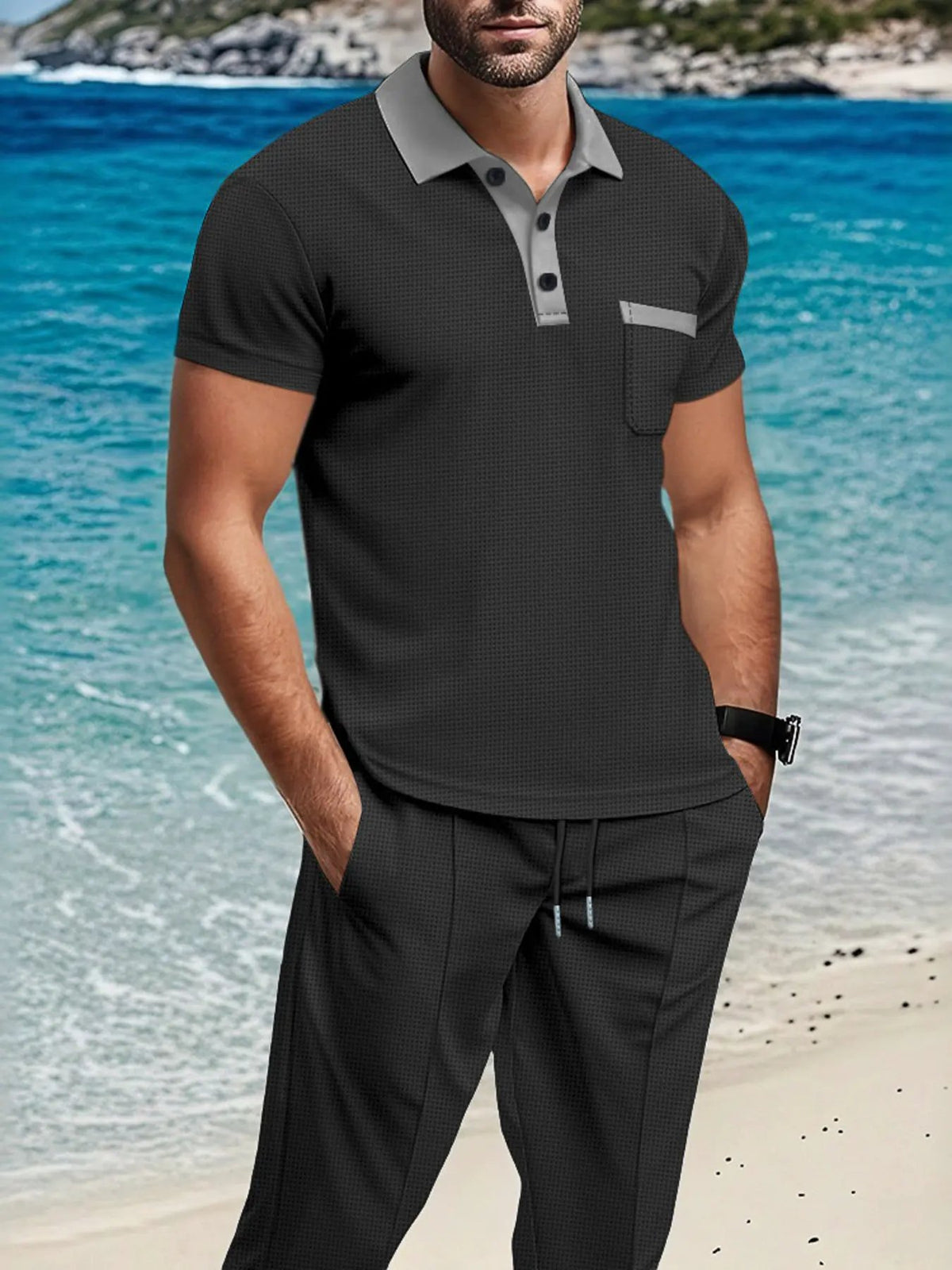 Men's Full Size Short Sleeve Polo and Pants Set Plus Size by Trendsi