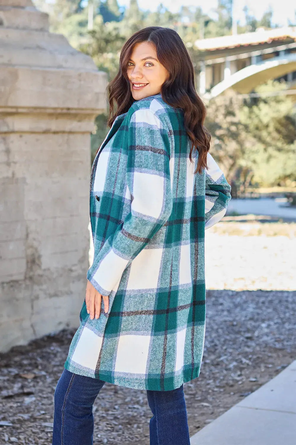 Double Take Full Size Plaid Button Up Lapel Collar Coat by Double Take