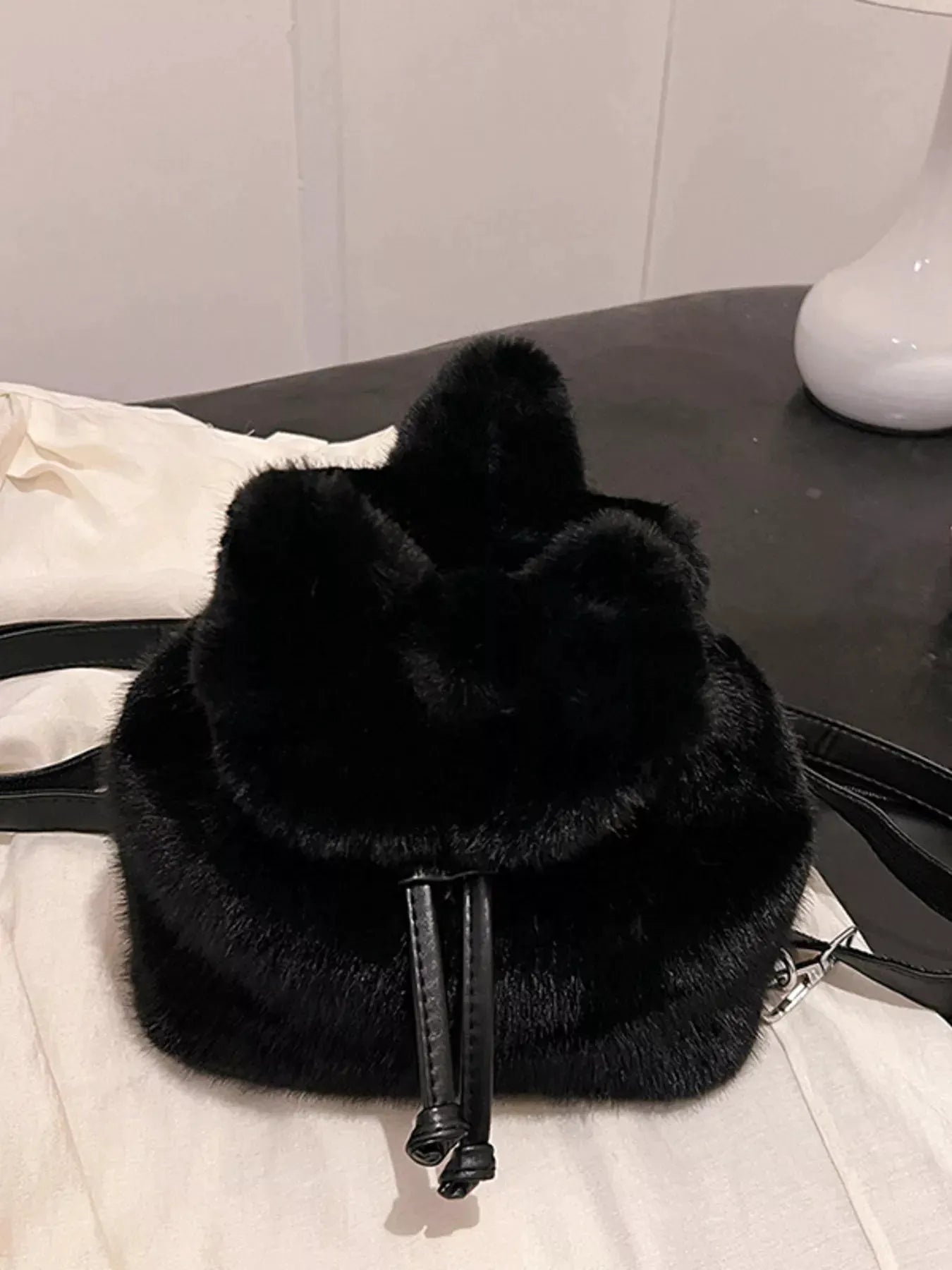 Fuzzy Plush Drawstring Backpack Bag by Partner Label