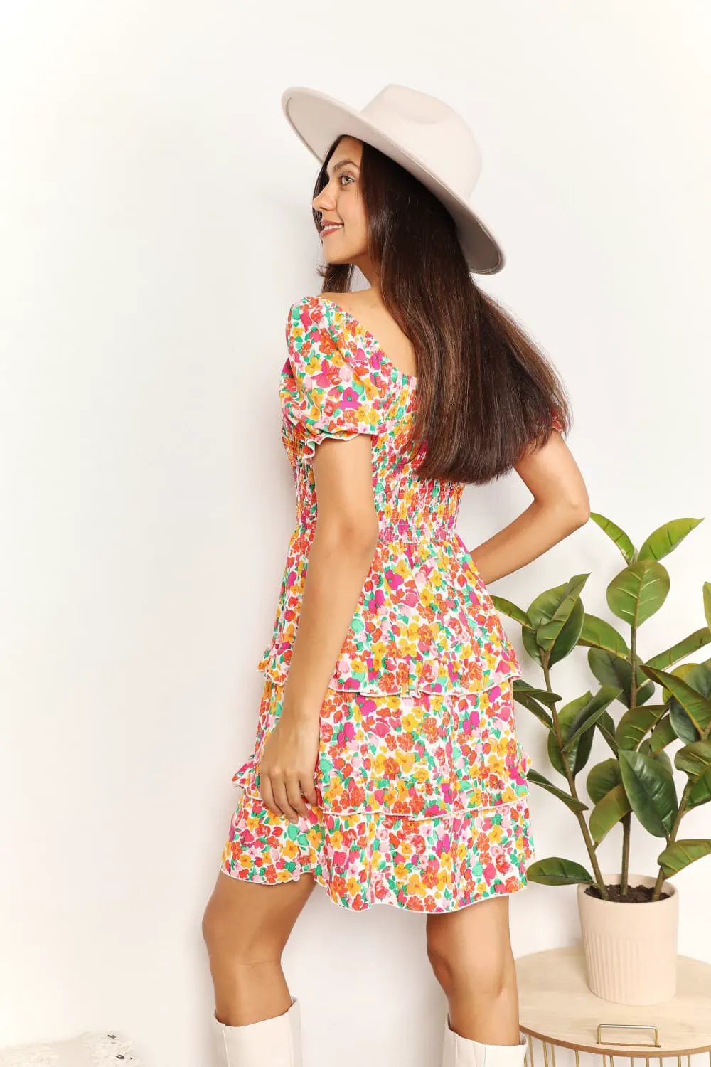 Devine Smocked Sweetheart Neck Flounce Sleeve Mini Dress by Double Take
