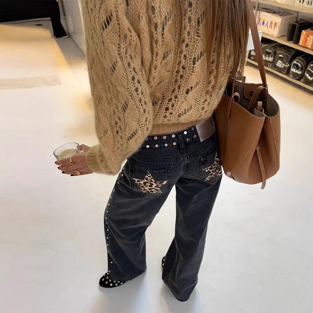 Leopard Print Five-pointed Star Deconstructing Jeans For Women by Maiden-Art