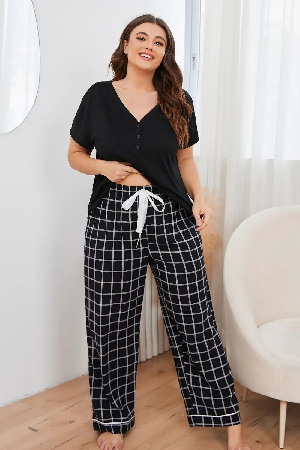 Plus Size V-Neck Top and Plaid Pants Lounge Set by Partner Label
