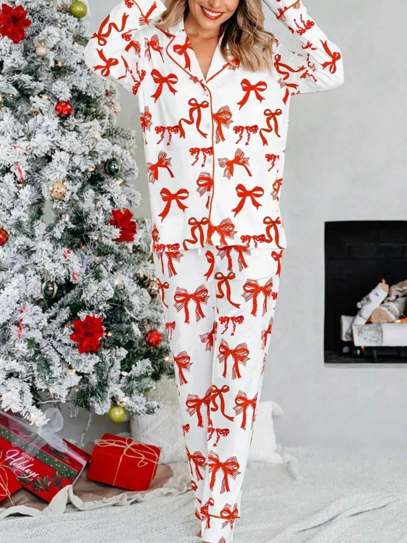Christmas Bow Print Top and Pants 2pcs Pajama Set by Partner Label